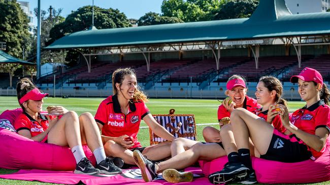 The Sydney Sixers teen gang ahead of the opening weekend of the season at North Sydney Oval from Friday night. Alisha Bates, Emma Hughes, Hayley Silver-Holmes, Maddy Darke and Stella Campbell.