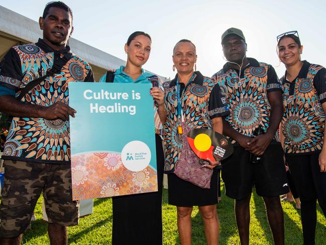 Vienna Johnston, Caleb Lewis, Elizabeth Sabino, Kimberlee Sabino and Randy Ngalmi attend the NAIDOC march, 2024. The theme this year is 'Keep the fire burning: Blak, loud and proud'. Picture: Pema Tamang Pakhrin