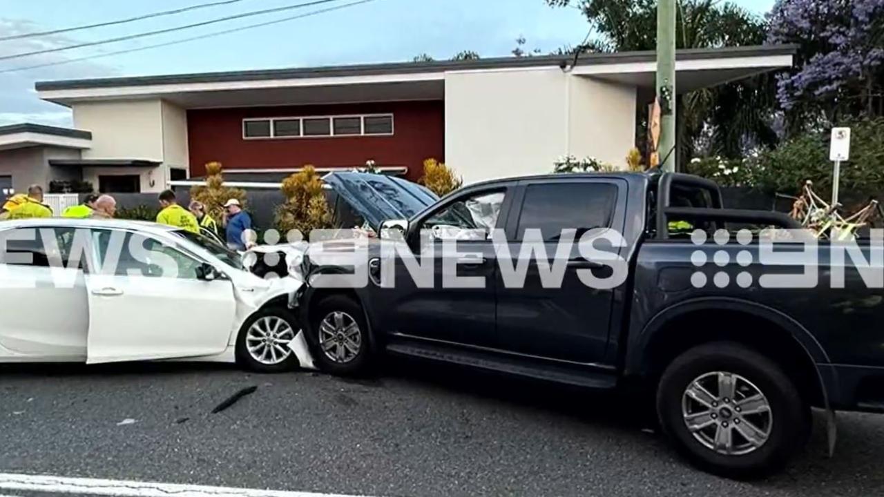 Mam’s car after it was involved in a car crash in Brisbane. Picture: 9 News Queensland