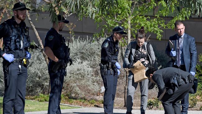 Police examine the scene of the fatal bashing. Picture: Naomi Jellicoe