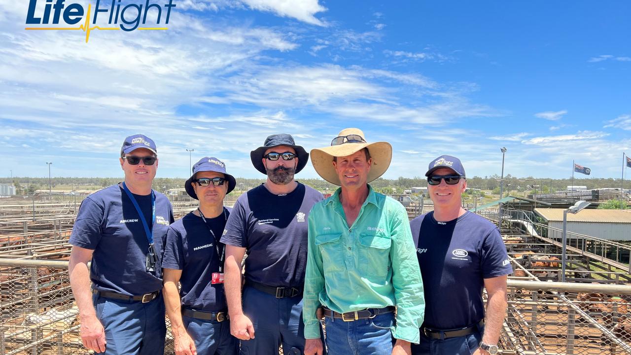 (Left to right) LifeFlight pilot Russell Procter, Flight paramedic Brad Solomon, Critical Care Doctor Gareth Richards, Roma farmer Chris Skelton, and LifeFlight pilot David Rockwell. Picture: LifeFlight.