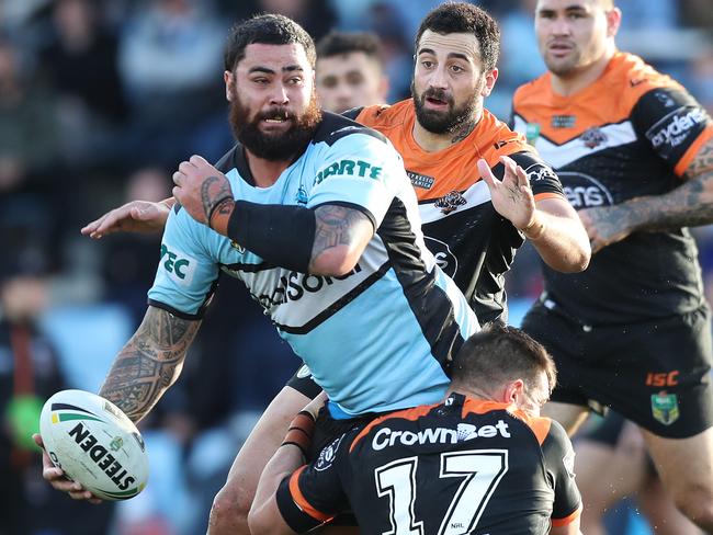 Andrew Fifita looks to offload for the Sharks. Picture: Brett Costello