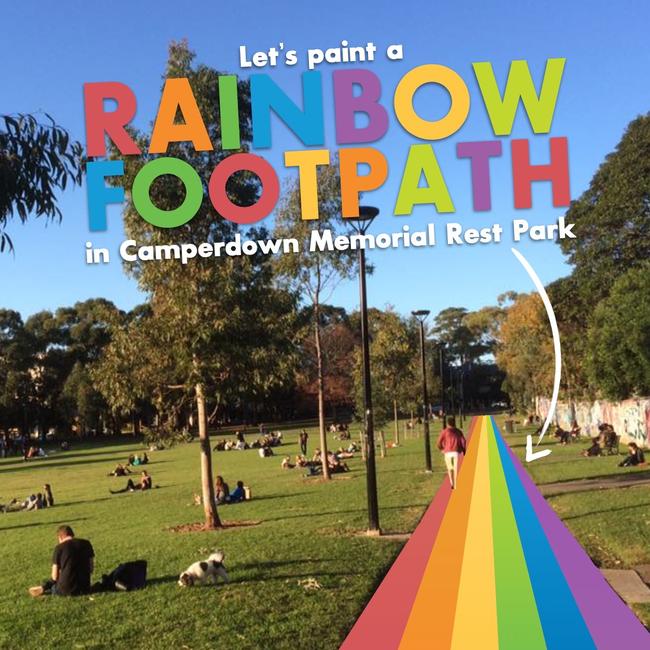 A promotional design of a rainbow path in Newtown to be built in time for Sydney WorldPride. Norhtern Beaches COuncil is looking at “installations” too. Picture: Pauline Lockie