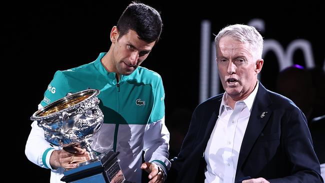 Novak Djokovic speaks with Craig Tiley after last year’s final.