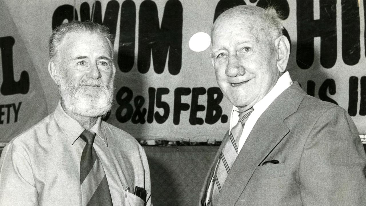 Ipswich swimming icons Jim Gardiner (right) and Charlie "Digger'' Murphy. Picture: QT file