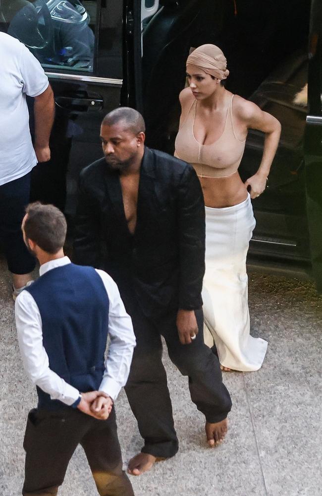 August 2, 2023: West’s ex wife Kim Kardashian previously stated he told her she has ‘the worst style’ and frequently offered up fashion advice. The rapper once even flew to Paris to style Kardashian after seeing paparazzi photos he didn’t approve of. The couple are seen heading to dinner in these pics, where one onlooker reportedly offered Kanye some shoes. Picture: COBRA TEAM / BACKGRID
