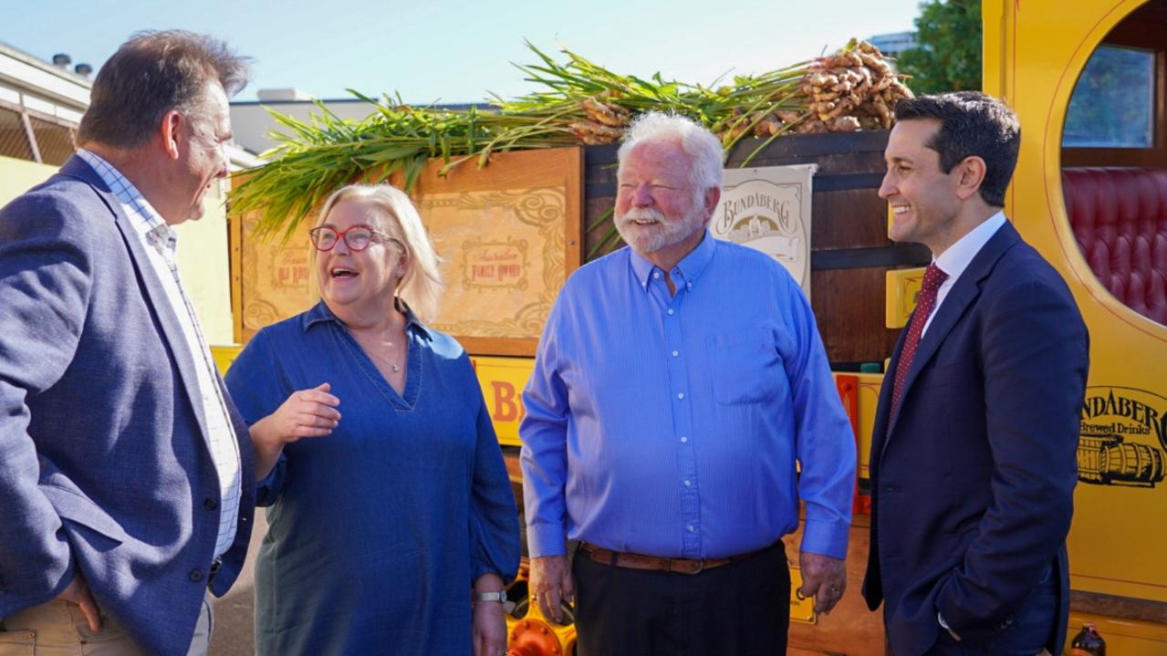 LNP Burnett MP Stephen Bennett; Rae-Lee Fleming; Cliff Fleming and Qld Premier David Crisafulli talk outside the Bundy Barrel on Monday. Photo: Supplied
