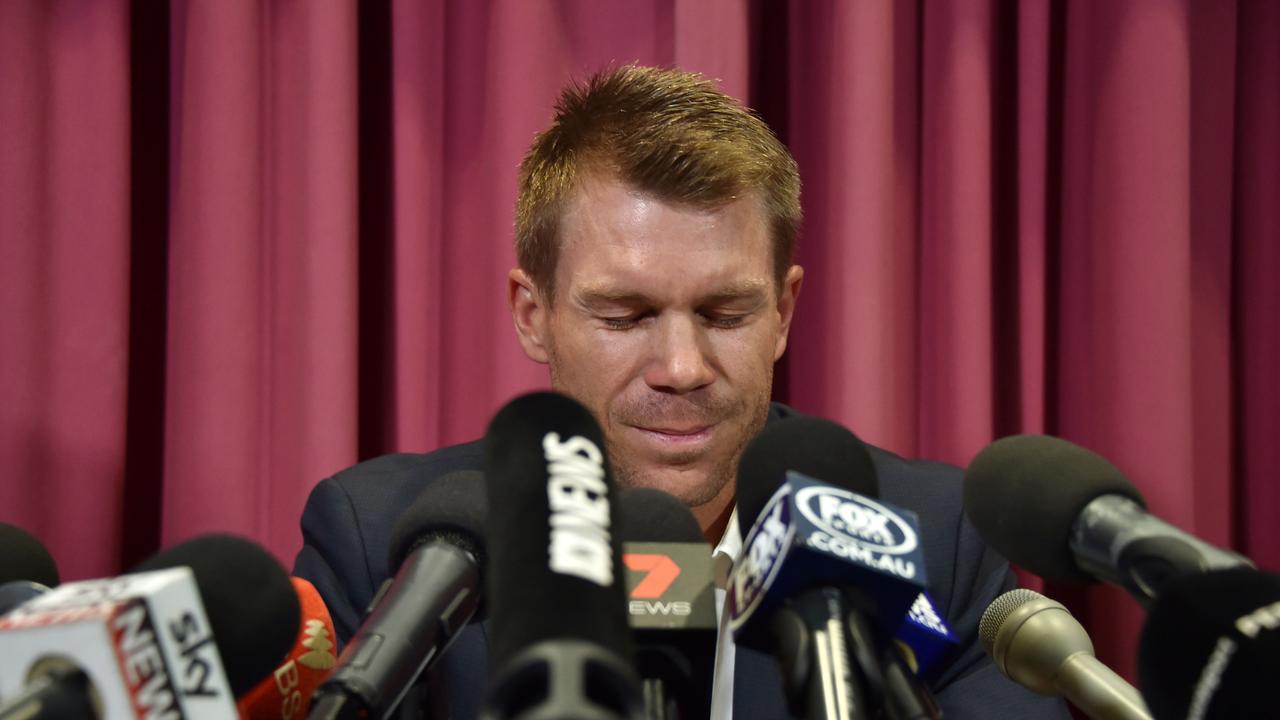 An emotional David Warner was shattered when he spoke publicly after returning from South Africa. Picture: AFL/Peter Parks