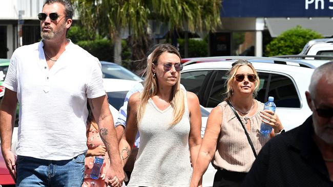 Family and friends of the victims of the crash including Sheree Roberston’s sister Lisa Latime (right) arrive at Maroochydore Courthouse for the sentence of the boy who caused a triple fatal at Maryborough. Picture: NewsWire / John Gass