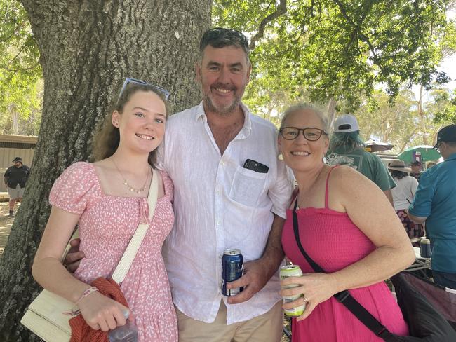 Rachael, Luke and Denise at the 2025 Hanging Rock Races. Picture: Himangi Singh