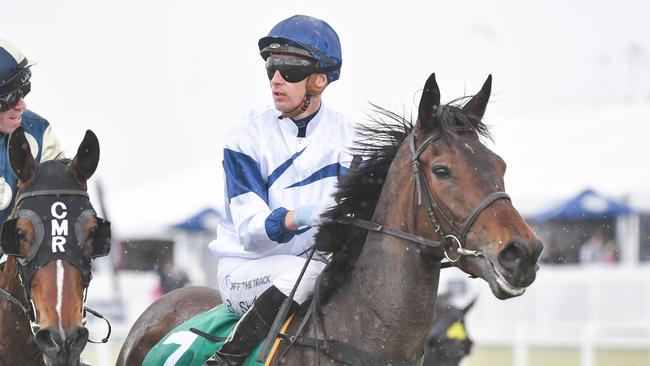 Blake Shinn returns to scale on Served Cold after winning the Geelong Classic. Picture: Pat Scala / Racing Photos