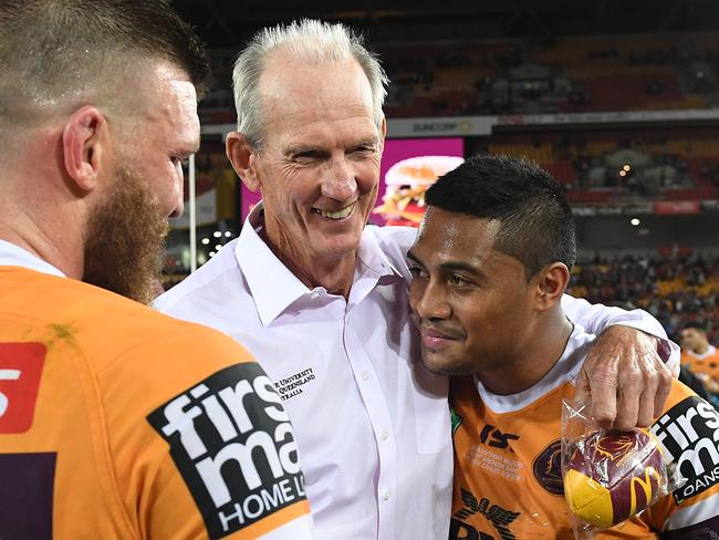 Broncos coach Wayne Bennett embraces Anthony Milford of the Broncos during the Round 25 NRL match between the Brisbane Broncos and the Manly-Warringah Sea Eagles at Suncorp Stadium in Brisbane, Sunday, September 2, 2018. (AAP Image/Dave Hunt) NO ARCHIVING, EDITORIAL USE ONLY