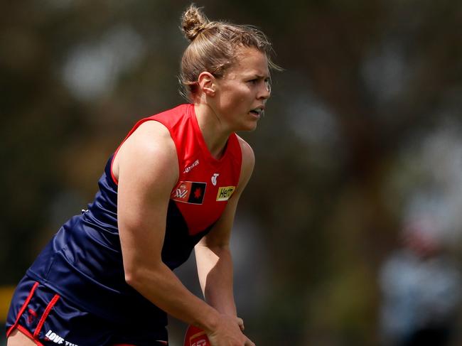 MELBOURNE, AUSTRALIA - OCTOBER 29: Maddison Gay of the Demons in action during the 2022 S7 AFLW Round 10 match between the Melbourne Demons and the West Coast Eagles at Casey Fields on October 29, 2022 in Melbourne, Australia. (Photo by Dylan Burns/AFL Photos via Getty Images)