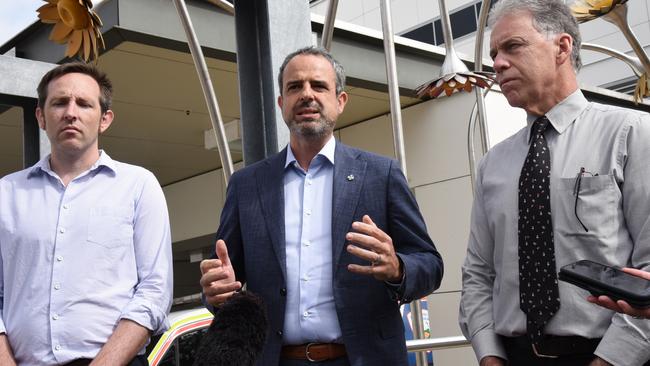 Dr Jerome Muir Wilson, AMA president Dr Omar Khorshid and AMA Tasmania chair Dr Glenn Richardson launching the Tasmanian chapter of the AMA Public Hospital Report Card 2022 at Launceston General Hospital, March 17, 2022. Picture: Alex Treacy