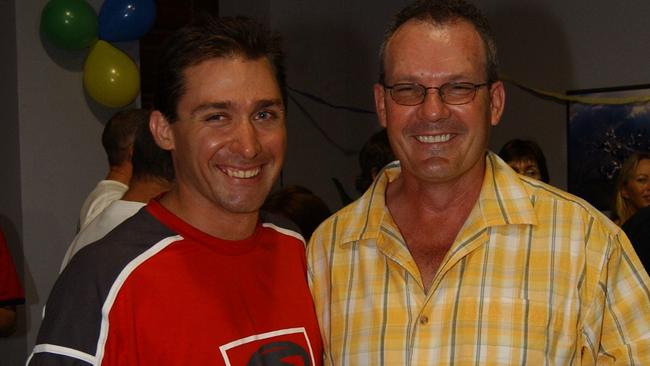 Muttley (Steve Fickling) and Larry Gane at the Official Opening of Coral Sea Skydivers new shop at 181 Flinders Street East Pic Bryan Lynch GT145004