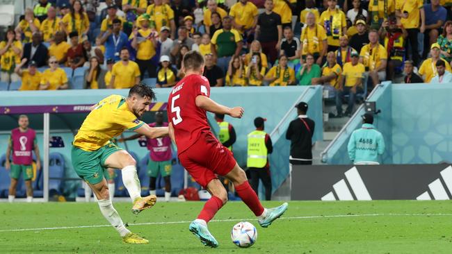 Mathew Leckie lets fly for Australia against Denmark. Picture: Getty Images