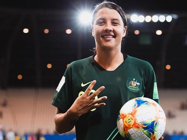 Sam Kerr posing with the match ball after scoring 4 goals.Picture: Instagram/ Supplied