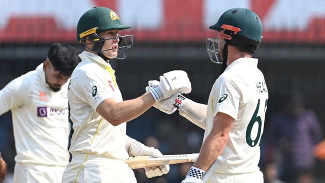 Marnus Labuschagne and Travis Head celebrate the win. Picture: AFP