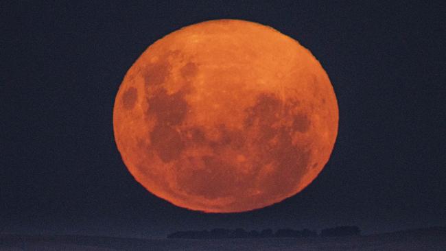 CANBERRA, AUSTRALIA APRIL 27, 2021: The first supermen for 2021. The super pink moon as it makes its closest approach to Earth this month. The super-moon was taken north of Canberra as it rose over Lake George.Picture: NCA NewsWire / Gary Ramage