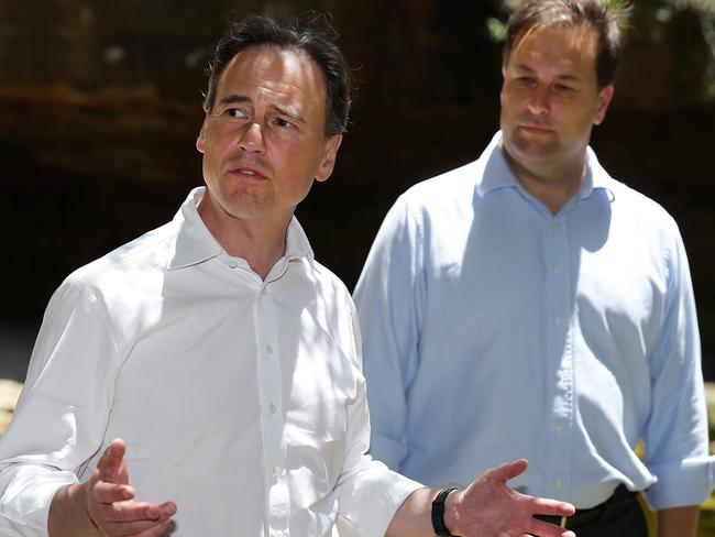 Health Minister Greg Hunt, and Member for Mackellar, Jason Falinski, pictured together at Warriewood last year. Picture: Martin Lange.