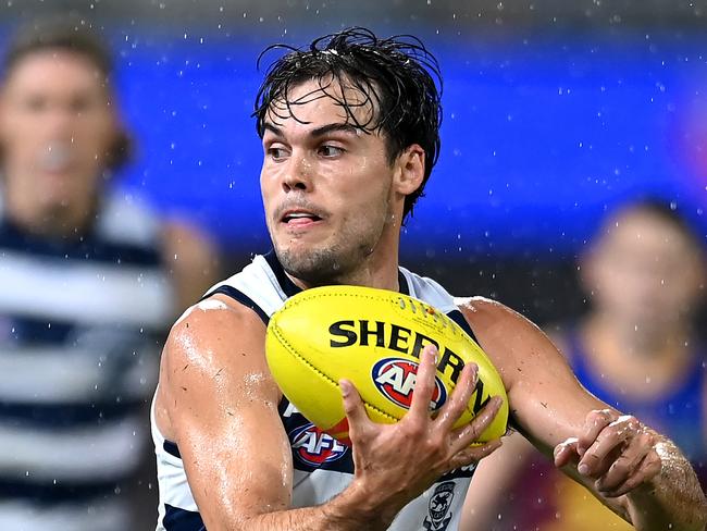 BRISBANE, AUSTRALIA - APRIL 20: Jack Bowes of the Cats in action during the round nine AFL match between Brisbane Lions and Geelong Cats at The Gabba, on April 20, 2024, in Brisbane, Australia. (Photo by Albert Perez/AFL Photos via Getty Images)