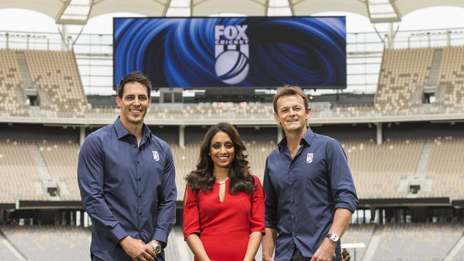 Isa Guha with Mitchell Johnson and Adam Gilchrist at Perth’s Optus Stadium.