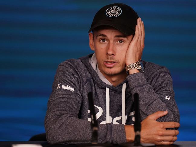 Alex de Minaur of Australia speaks during a press conference during an Australian Open practice session at Melbourne Park in Melbourne, Thursday, January 16, 2020. (AAP Image/Scott Barbour) NO ARCHIVING, EDITORIAL USE ONLY