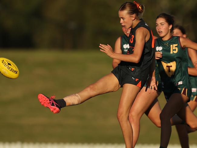 SYDNEY, AUSTRALIA - APRIL 12: Jade Brazier of the Giants kicks during the NSW Academy match between GWS Giants Academy and Tasmania at Blacktown International Sportspark on April 12, 2024 in Sydney, Australia. (Photo by Mark Metcalfe/AFL Photos/via Getty Images)