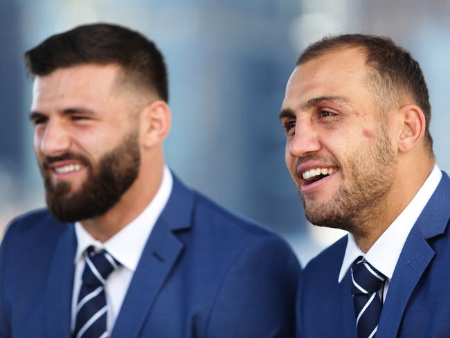 Josh Mansour and Blake Ferguson during the NSW State of Origin team announcement for Game 1 at The Star in Sydney. Pic Brett Costello