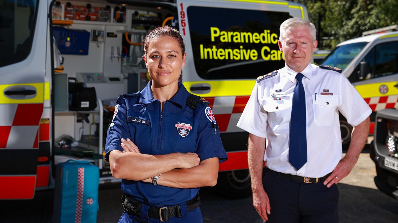 Intensive care paramedic Jacinta Barton and NSW Ambulance Commissioner Dominic Morgan, in Haberfield. Picture: Justin Lloyd