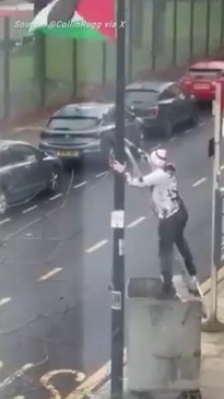 Wild ‘ladder fight’ after man removes Palestine flag