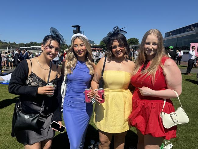 Itria Ferris, Angel Pokora, Logan Roache and Caitlin Clear at the Melbourne Cup at Flemington Racecourse on November 5, 2024. Picture: Phillippa Butt