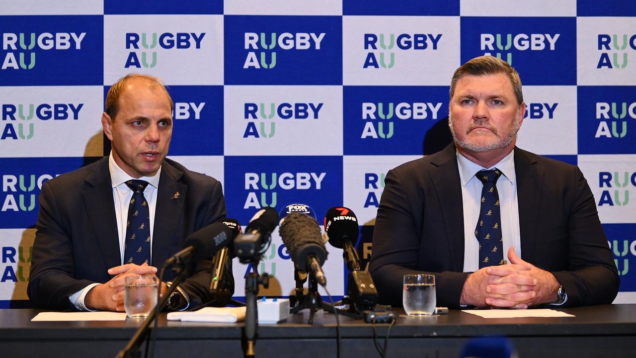 Rugby Australia chief executive Phil Waugh and Rugby Australia chair Daniel Herbert shut down the Rebels in May. Picture: Morgan Hancock/Getty Images