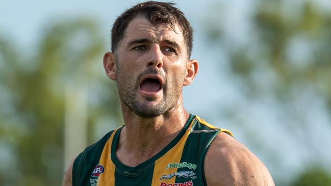 Christopher Nield playing for PINT in the 2024-25 NTFL season. Picture: Tymunna Clements / AFLNT Media