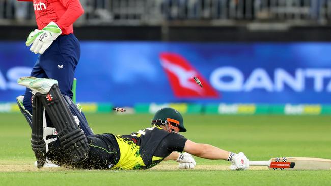 Aaron Finch is run out for just 12 runs at Optus Stadium. Picture: James Worsfold/Getty Images