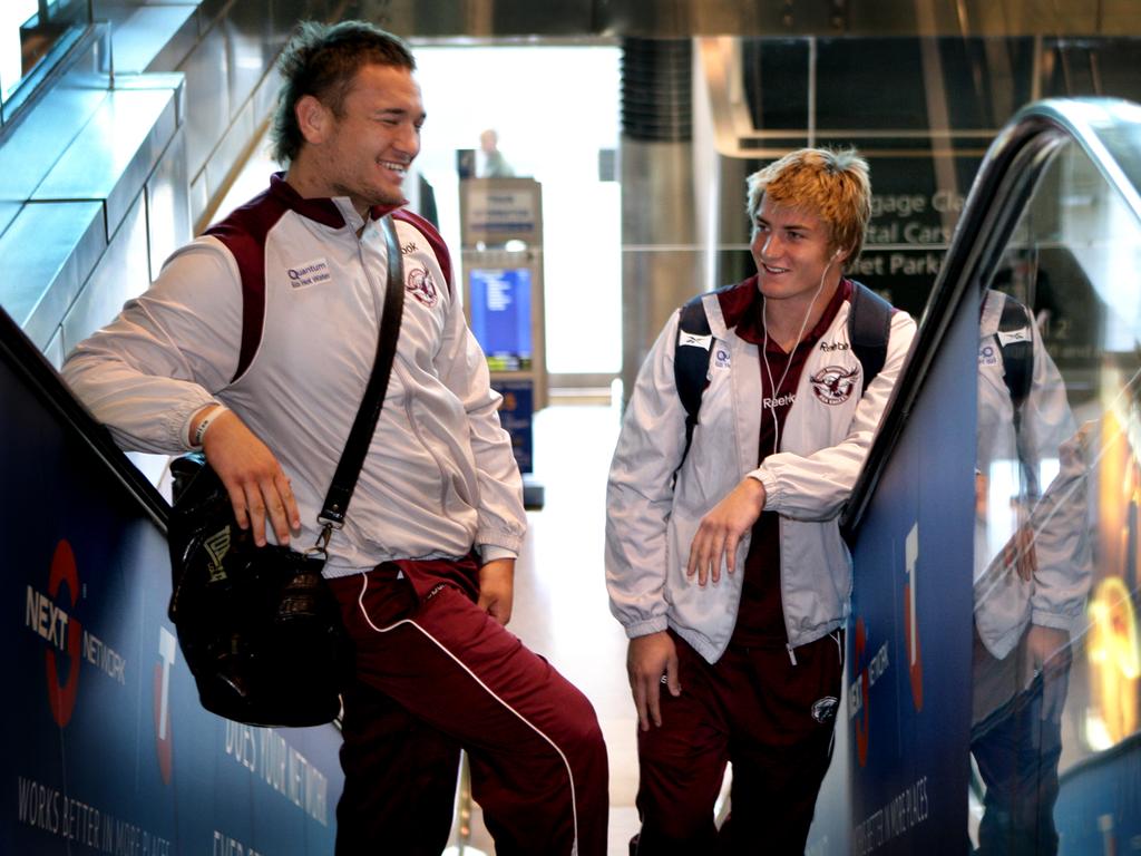 Jared Waerea-Hargreaves and Kieran Foran leave Sydney Airport for Melbourne to take on the Storm in the elimination final. Picture: Gregg Porteous