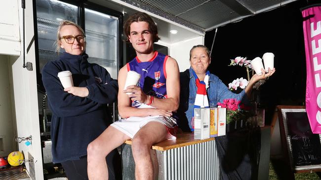 Queenscliff Football and Netball Club's Laura Clarke and Ned Coffey with Noelle Roob of Noelle's Coffee. Queenscliff FNC are not able to have a coffee van at its oval as the council won't allow it.