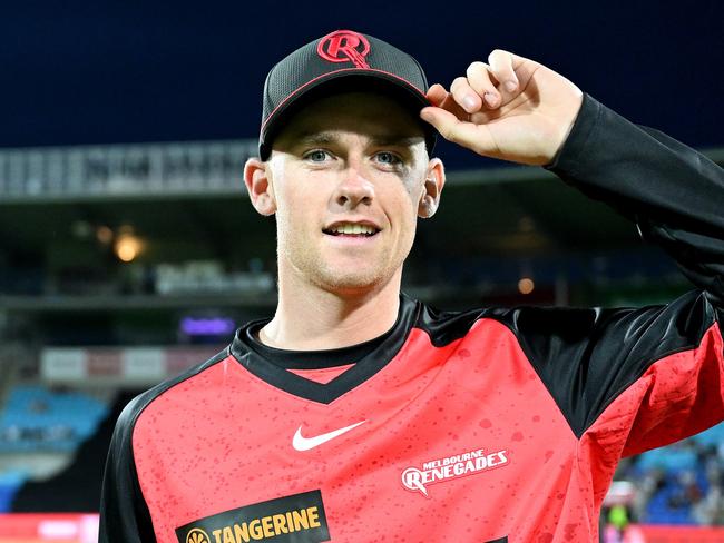 HOBART, AUSTRALIA - JANUARY 14: Callum Stow of the Renegades poses for a photo with his first cap during the BBL match between the Hobart Hurricanes and Melbourne Renegades at Blundstone Arena, on January 14, 2025, in Hobart, Australia. (Photo by Steve Bell/Getty Images)