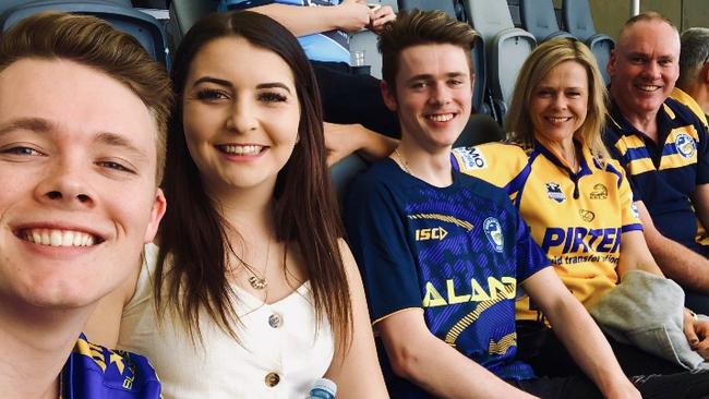 Loyal Parramatta fans Brock Norris, Madalyn Barrett, Jack Norris, Katherine Norris and Michael Norris.