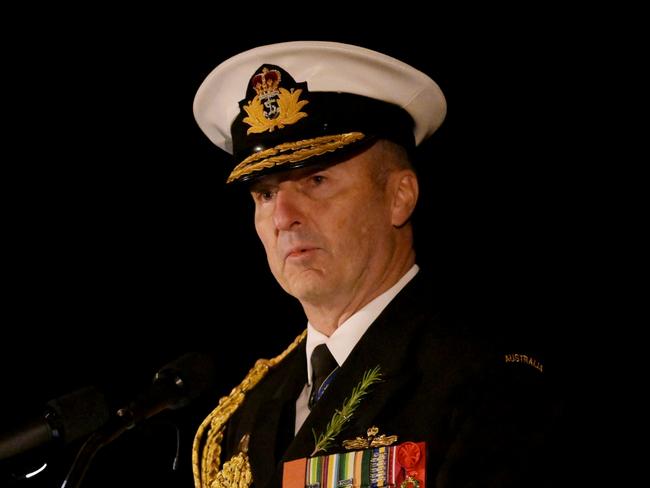 CANBERRA, AUSTRALIA - APRIL 25: Incoming defence force chief Vice Admiral David Johnston speaks during the Dawn Service at the Australian War Memorial on April 25, 2024 in Canberra, Australia. Anzac Day is a national holiday in Australia, traditionally marked by a dawn service held during the time of the original Gallipoli landing and commemorated with ceremonies and parades throughout the day. Anzac Day commemorates the day the Australian and New Zealand Army Corp (ANZAC) landed on the shores of Gallipoli on April 25, 1915, during World War 1. (Photo by Tracey Nearmy/Getty Images)