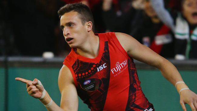 MELBOURNE, AUSTRALIA — MAY 27: Orazio Fantasia of the Bombers celebrates a goal during the round 10 AFL match between the Richmond Tigers and the Essendon Bombers at Melbourne Cricket Ground on May 27, 2017 in Melbourne, Australia. (Photo by Michael Dodge/Getty Images)