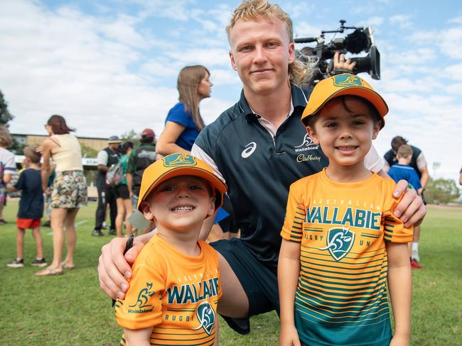 Lucas Motlop, Carter Gordon and Levi Motlop as the Wallabies get around the NT Rugby Union community before the 2023 World Cup.Picture: Pema Tamang Pakhrin