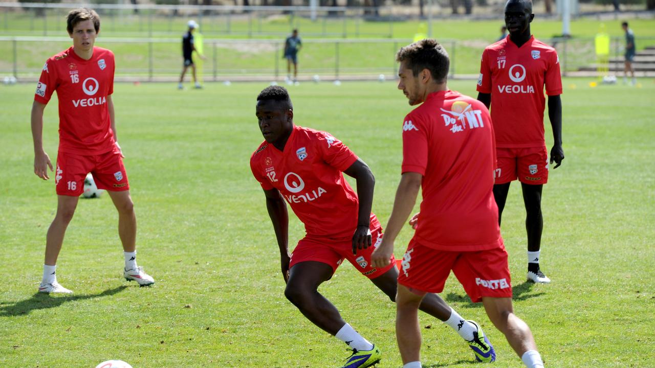 Adelaide United training at the Croatian Sports Centre, Gepps Cross ahead of clash with Newcastle Jets. No 12 Mark Ochieng. Pic: Tricia Watkinson