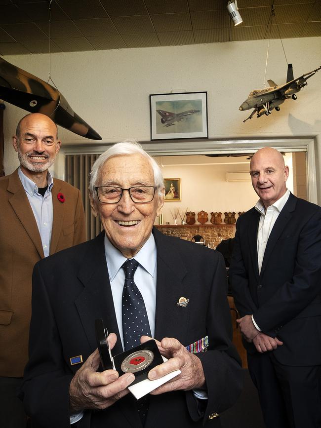 Commemorative medallion presentation to Brian Winspear (WW2 RAAF veteran)/75th anniversary of Victory in the Pacific Day with Guy Barnett MP and Tasmanian Premier Peter Gutwein at the RAAF Association Building, Hobart. Picture Chris Kidd