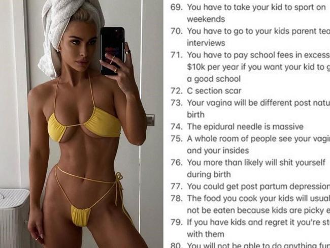 Ellie Gonsalves made a list of 118 reasons she doesn't want to have children after 'years of being asked why'. Picture: Instagram