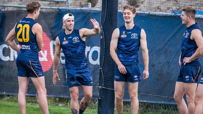 Mitch Hinge, Lachlan Murphy, Jackson Hately and Nick Murray on day one of Adelaide’s pre-season. Picture: Tom Huntley