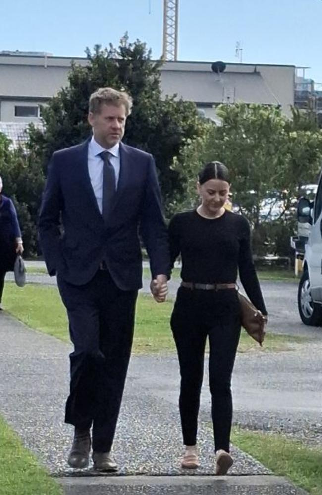 Byron Shire Council Mayor Michael Lyon holds hands with his wife Susan Lyon outside court at a previous appearance. Picture: Sam Stolz/NewsLocal