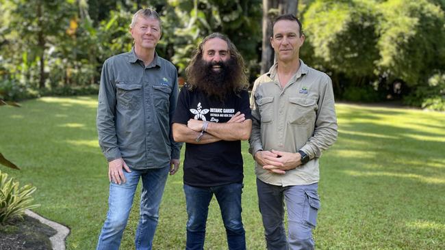 Beloved Australian landscape architect and gardening television personality, and Botanic Gardens Day Ambassador, Costa Georgiadis said he was delighted to visit Cairns Botanic Gardens and meet (left) CBG curator Charles Clarke and ganger Ross Thomas. Picture: Alison Paterson