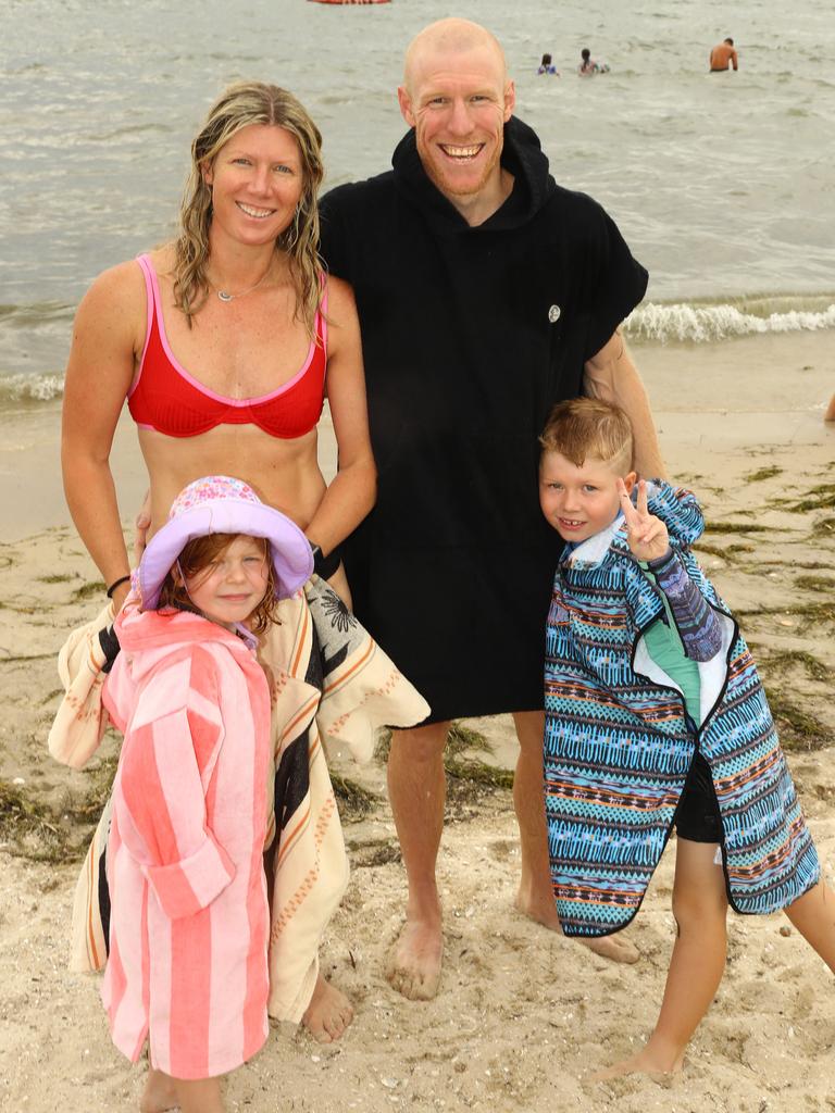 Geelong parents Kasia and Rob with children Sadie, 5 and Frankie, 7, enjoying Boxing Day 2024 at Geelong's Waterfront. Picture: Alison Wynd