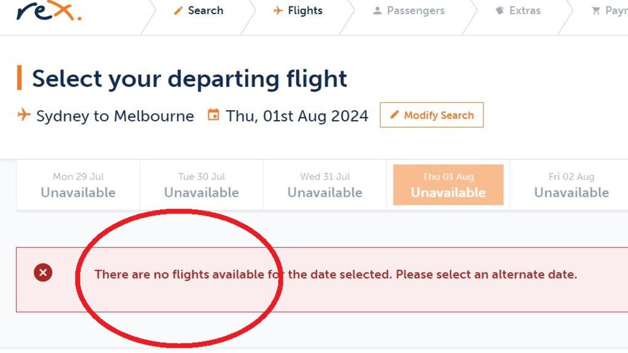 On the Rex website, flights between capital cities appear but are all “unavailable”.